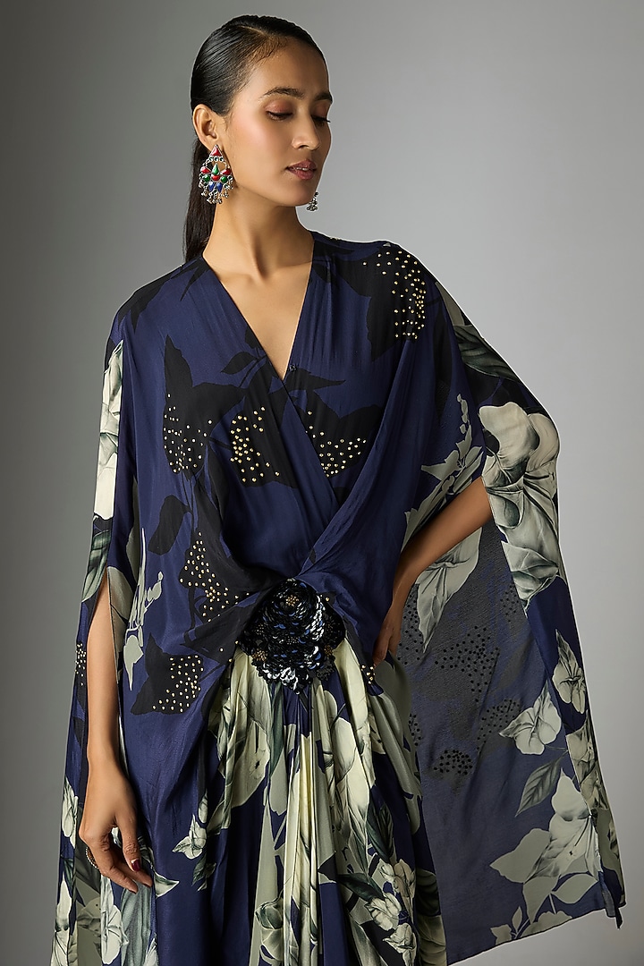 Navy Blue Crepe Printed Kaftan Cocktail Dress by Nupur Kanoi at Pernia's Pop Up Shop