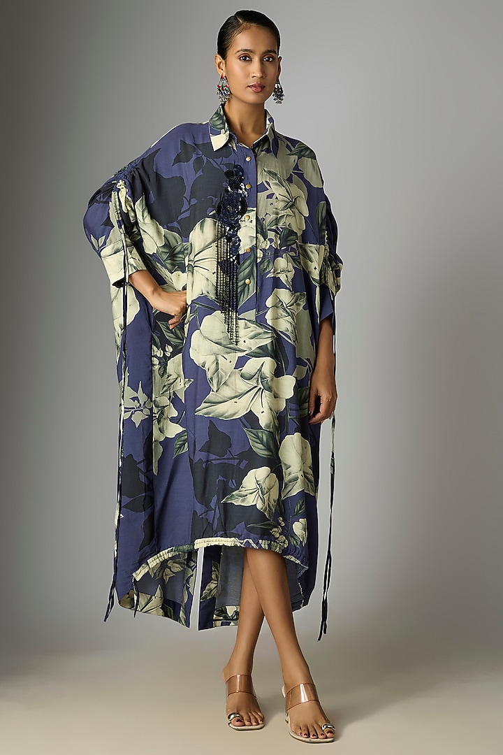 Navy Blue Silk Printed Shirt Cocktail Dress by Nupur Kanoi at Pernia's Pop Up Shop