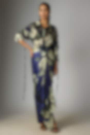 Navy Blue Crepe & Satin Printed Knotted Skirt Set by Nupur Kanoi at Pernia's Pop Up Shop