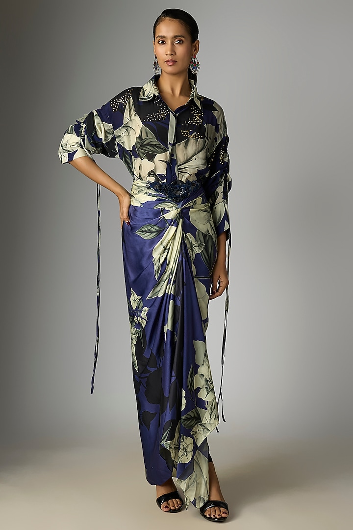 Navy Blue Crepe & Satin Printed Knotted Skirt Set by Nupur Kanoi at Pernia's Pop Up Shop