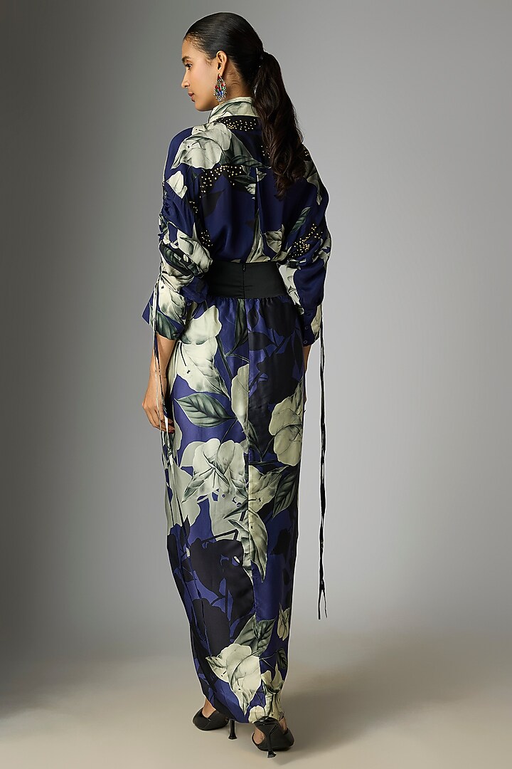 Navy Blue Crepe & Satin Printed Knotted Skirt Set by Nupur Kanoi at Pernia's Pop Up Shop