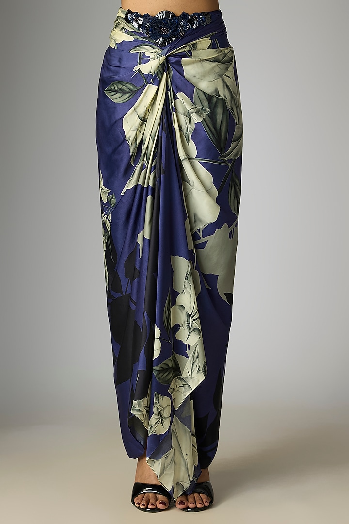 Navy Blue Crepe & Satin Printed Knotted Skirt Set by Nupur Kanoi at Pernia's Pop Up Shop