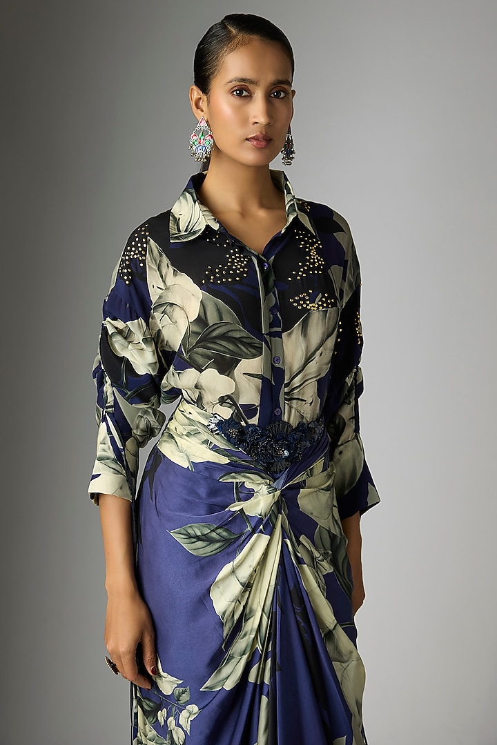 Navy Blue Crepe & Satin Printed Knotted Skirt Set by Nupur Kanoi at Pernia's Pop Up Shop
