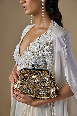 Gold Sequins Clutch by Nupur Kanoi Accessories