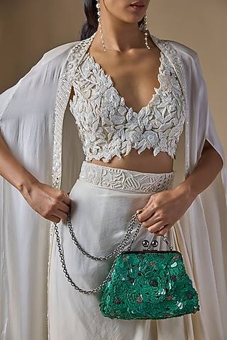 Green Sequins Clutch by Nupur Kanoi Accessories