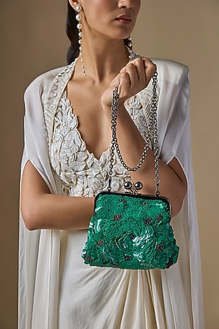 Green Sequins Clutch by Nupur Kanoi Accessories