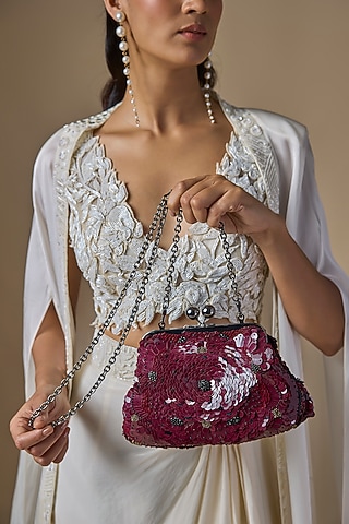 Burgundy Sequins Clutch by Nupur Kanoi Accessories