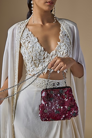 Burgundy Sequins Clutch by Nupur Kanoi Accessories