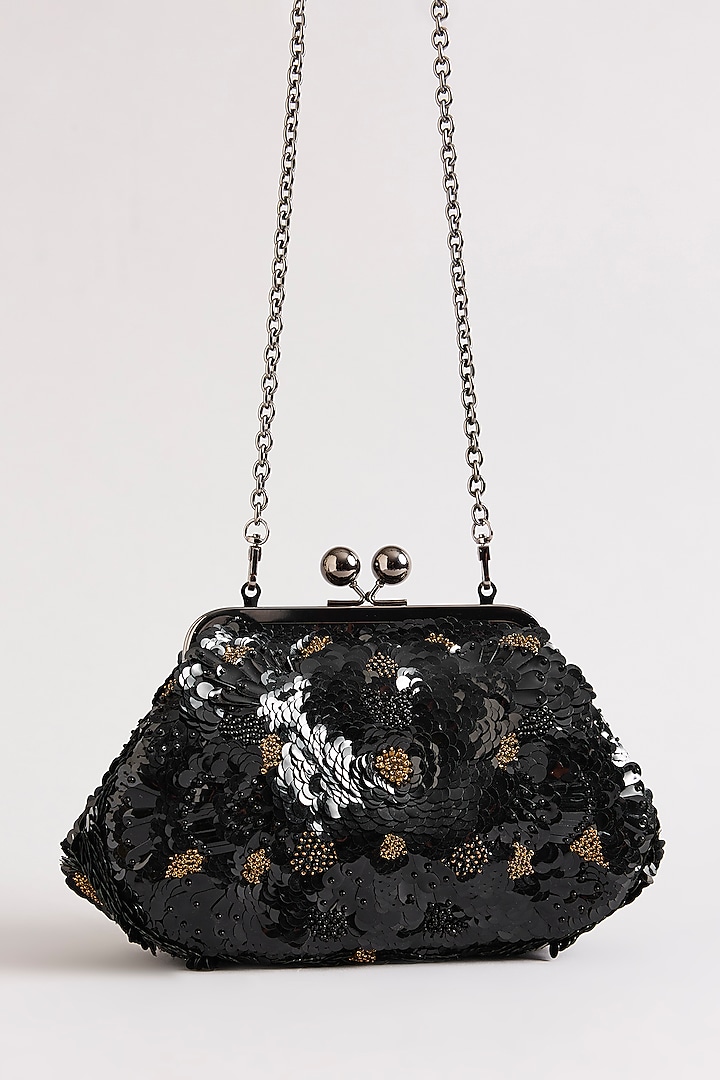Black Sequins and Beads Hand Embroidered Clutch by Nupur Kanoi Accessories at Pernia's Pop Up Shop