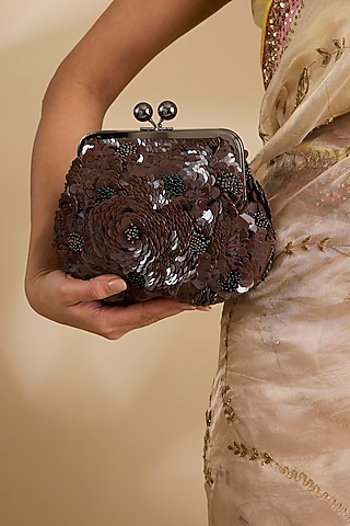 Brown Sequins Clutch by Nupur Kanoi Accessories
