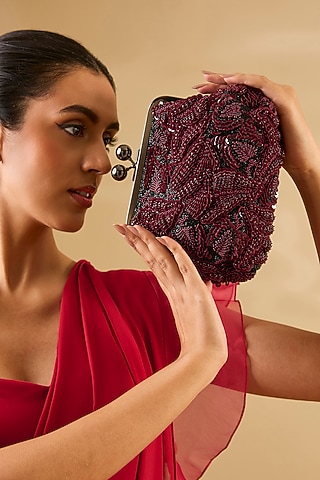 Burgundy Sequins & Beads Hand Embroidered Clutch by Nupur Kanoi Accessories