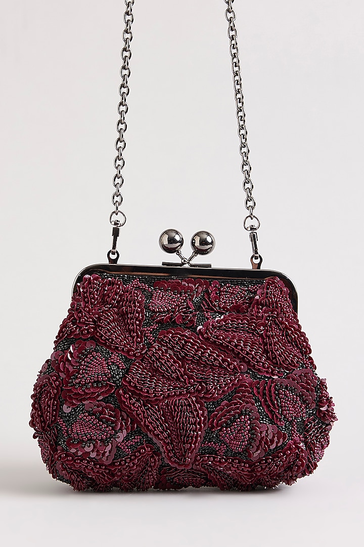 Burgundy Sequins & Beads Hand Embroidered Clutch by Nupur Kanoi Accessories at Pernia's Pop Up Shop