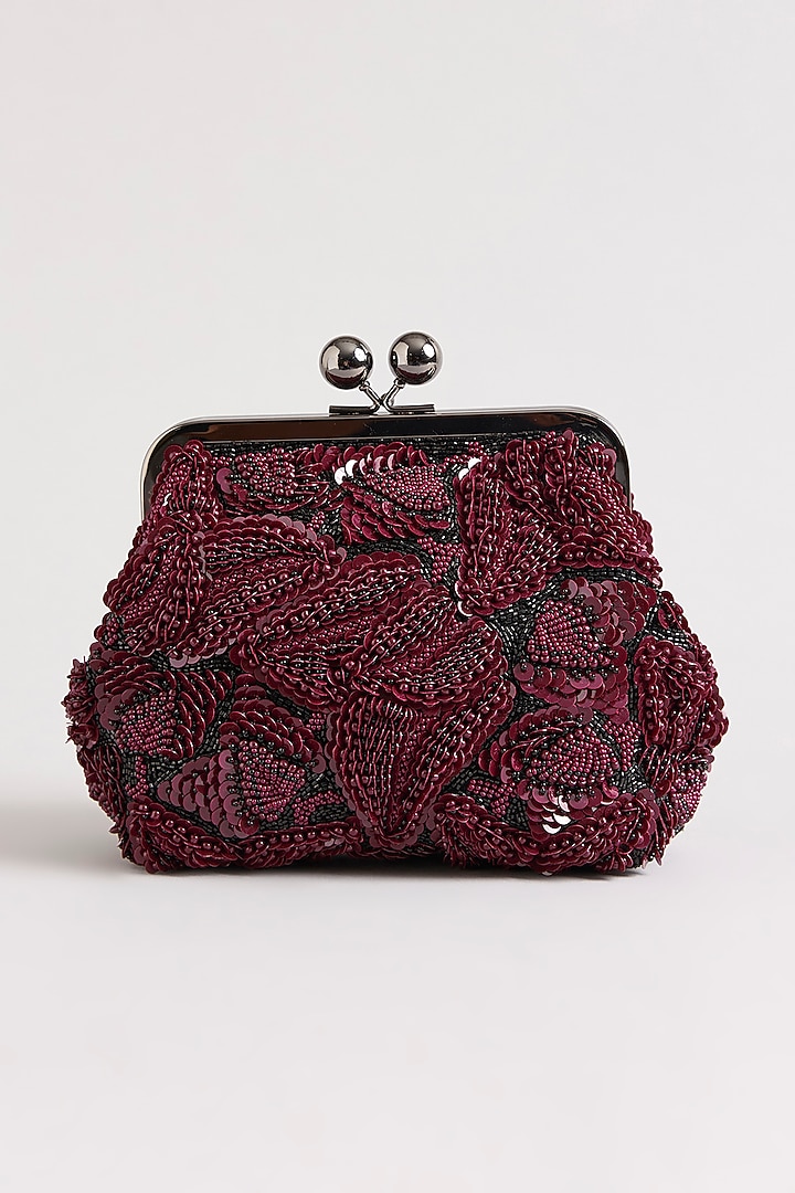 Burgundy Sequins & Beads Hand Embroidered Clutch by Nupur Kanoi Accessories at Pernia's Pop Up Shop