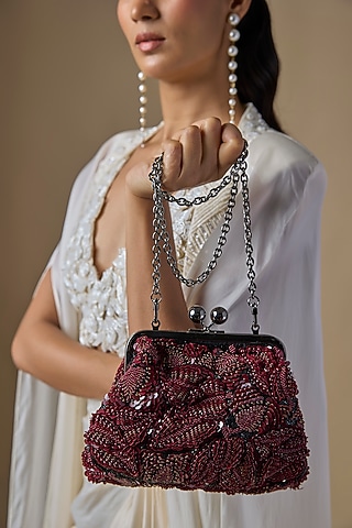 Burgundy Sequins Clutch by Nupur Kanoi Accessories