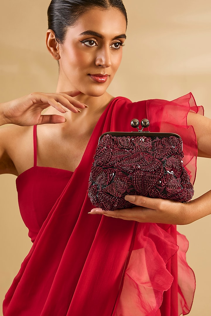 Burgundy Sequins & Beads Hand Embroidered Clutch by Nupur Kanoi Accessories at Pernia's Pop Up Shop