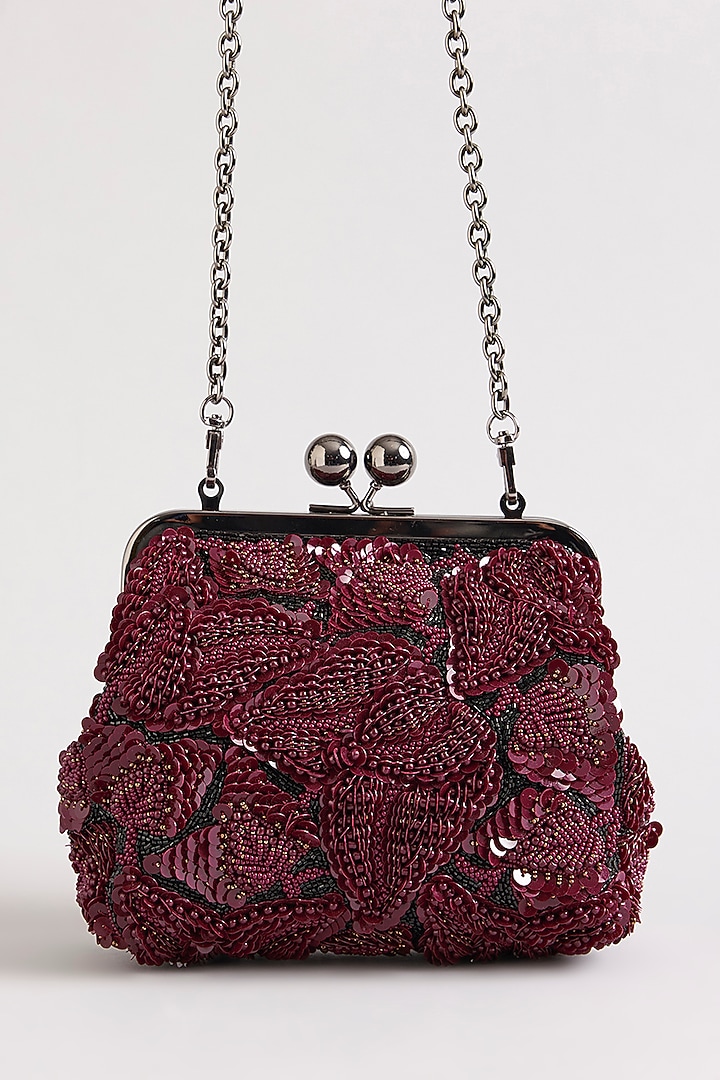Burgundy Sequins & Beads Hand Embroidered Clutch by Nupur Kanoi Accessories at Pernia's Pop Up Shop
