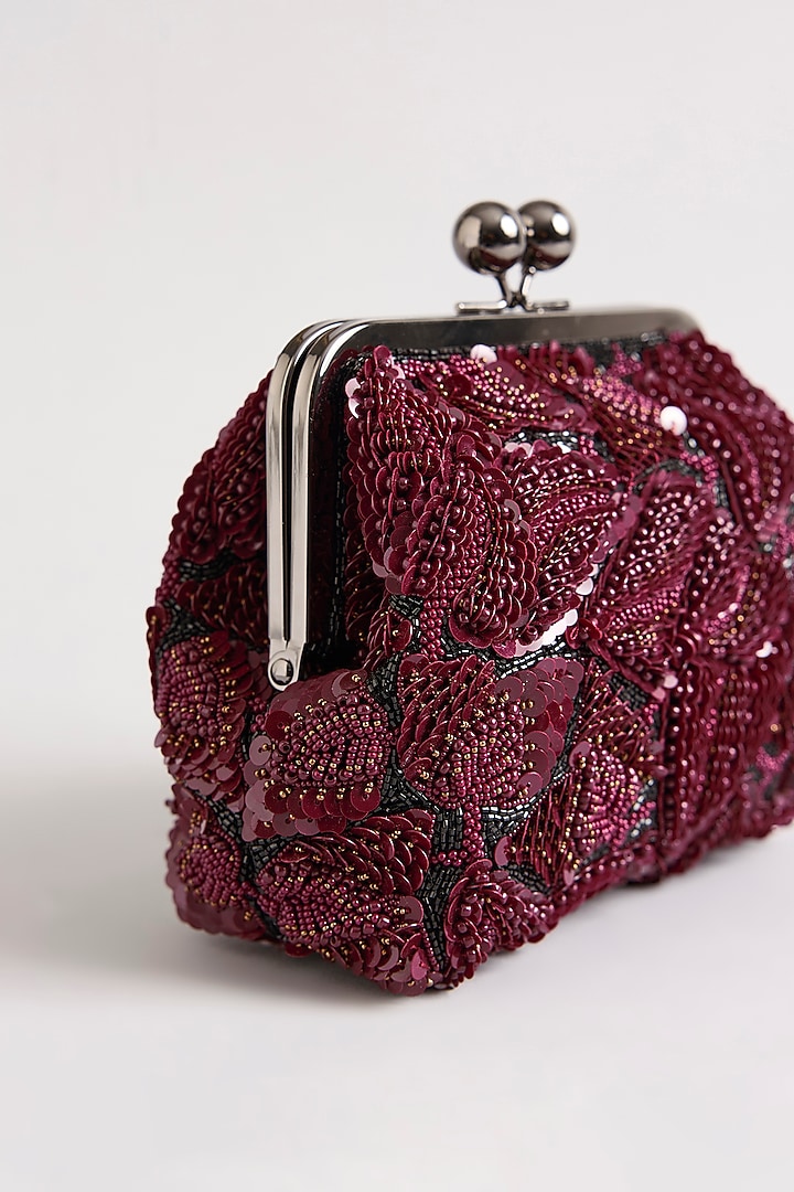 Burgundy Sequins & Beads Hand Embroidered Clutch by Nupur Kanoi Accessories at Pernia's Pop Up Shop