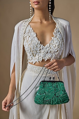 Green Sequins Clutch by Nupur Kanoi Accessories