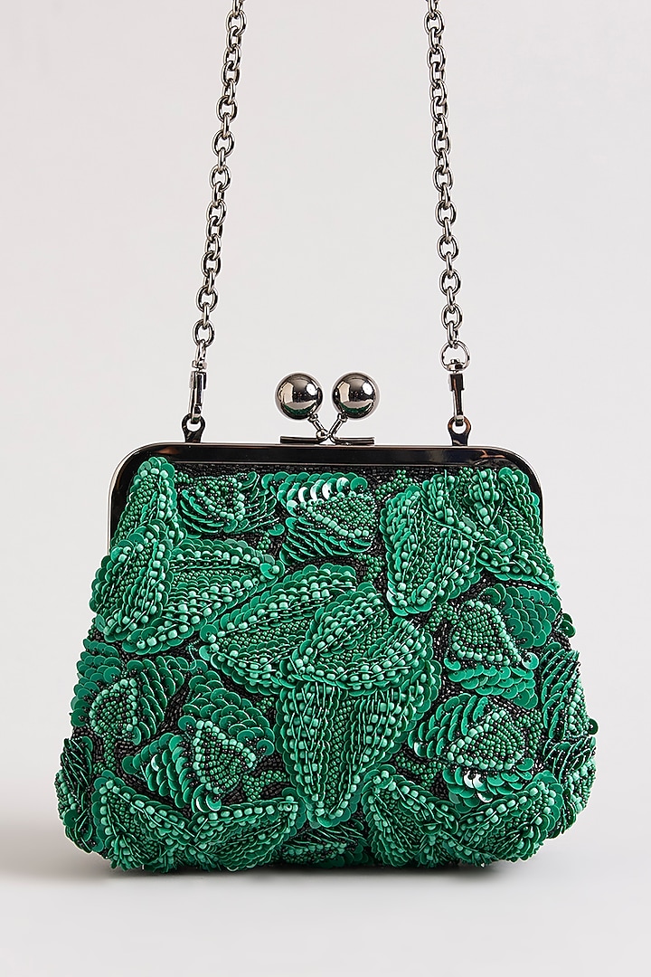 Green Sequins & Beads Hand Embroidered Clutch by Nupur Kanoi Accessories at Pernia's Pop Up Shop