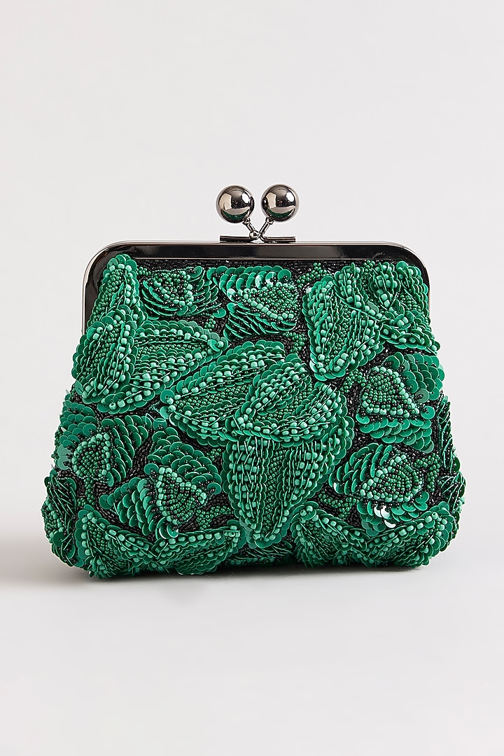 Green Sequins & Beads Hand Embroidered Clutch by Nupur Kanoi Accessories at Pernia's Pop Up Shop