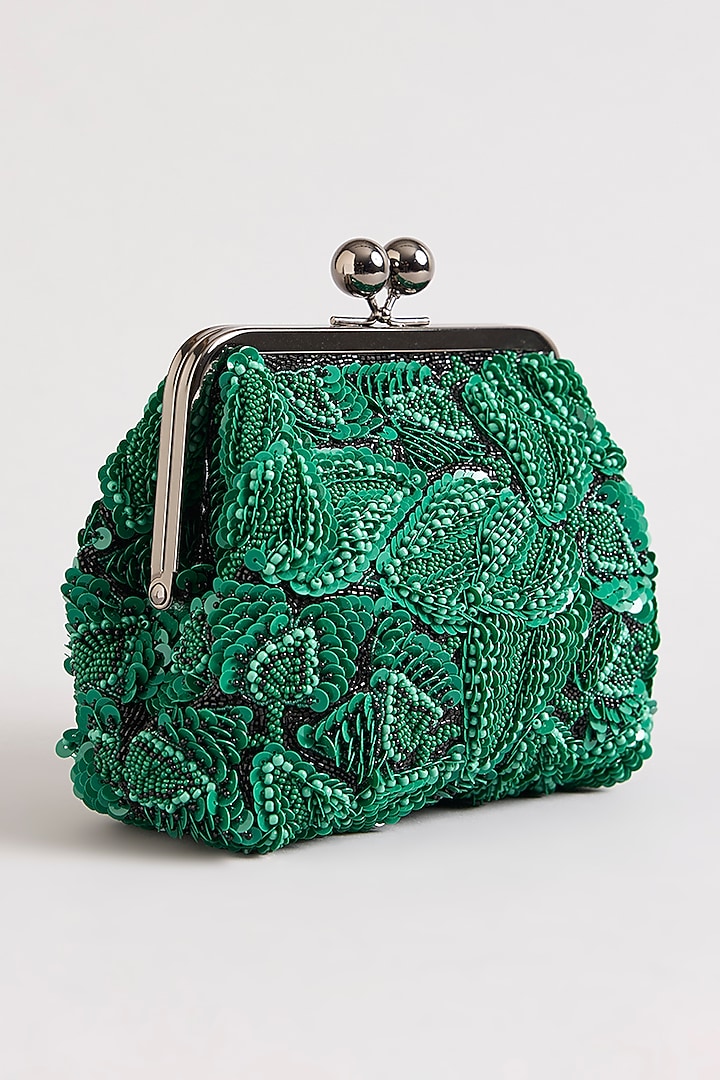 Green Sequins & Beads Hand Embroidered Clutch by Nupur Kanoi Accessories at Pernia's Pop Up Shop