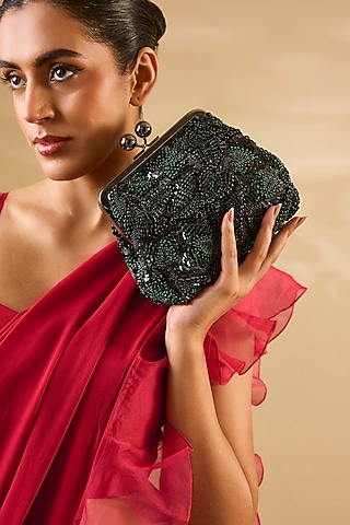 Black & Green Sequins Hand Embroidered Clutch by Nupur Kanoi Accessories