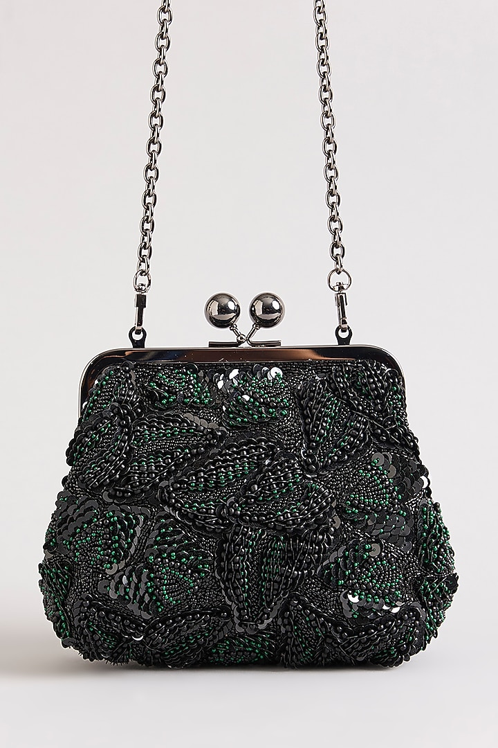 Black & Green Sequins Hand Embroidered Clutch by Nupur Kanoi Accessories at Pernia's Pop Up Shop