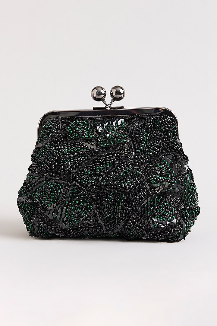 Black & Green Sequins Hand Embroidered Clutch by Nupur Kanoi Accessories at Pernia's Pop Up Shop