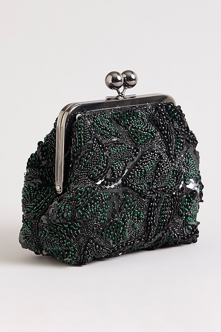 Black & Green Sequins Hand Embroidered Clutch by Nupur Kanoi Accessories at Pernia's Pop Up Shop