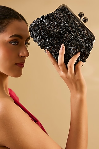 Black & Gold Sequins Hand Embroidered Clutch by Nupur Kanoi Accessories