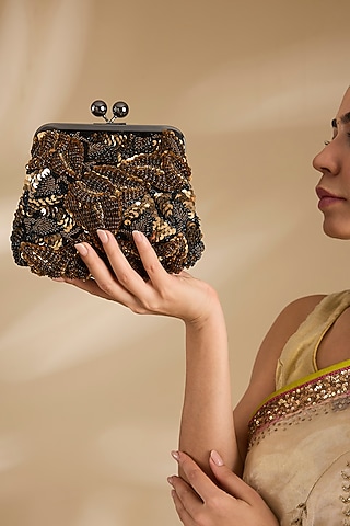 Gold Sequins Clutch by Nupur Kanoi Accessories