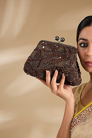 Brown Sequins Clutch by Nupur Kanoi Accessories