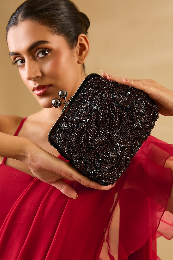 Brown Sequins & Beads Hand Embroidered Clutch by Nupur Kanoi Accessories at Pernia's Pop Up Shop