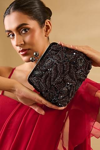 Brown Sequins & Beads Hand Embroidered Clutch by Nupur Kanoi Accessories