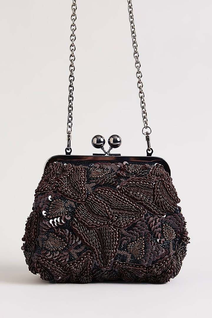 Brown Sequins & Beads Hand Embroidered Clutch by Nupur Kanoi Accessories at Pernia's Pop Up Shop