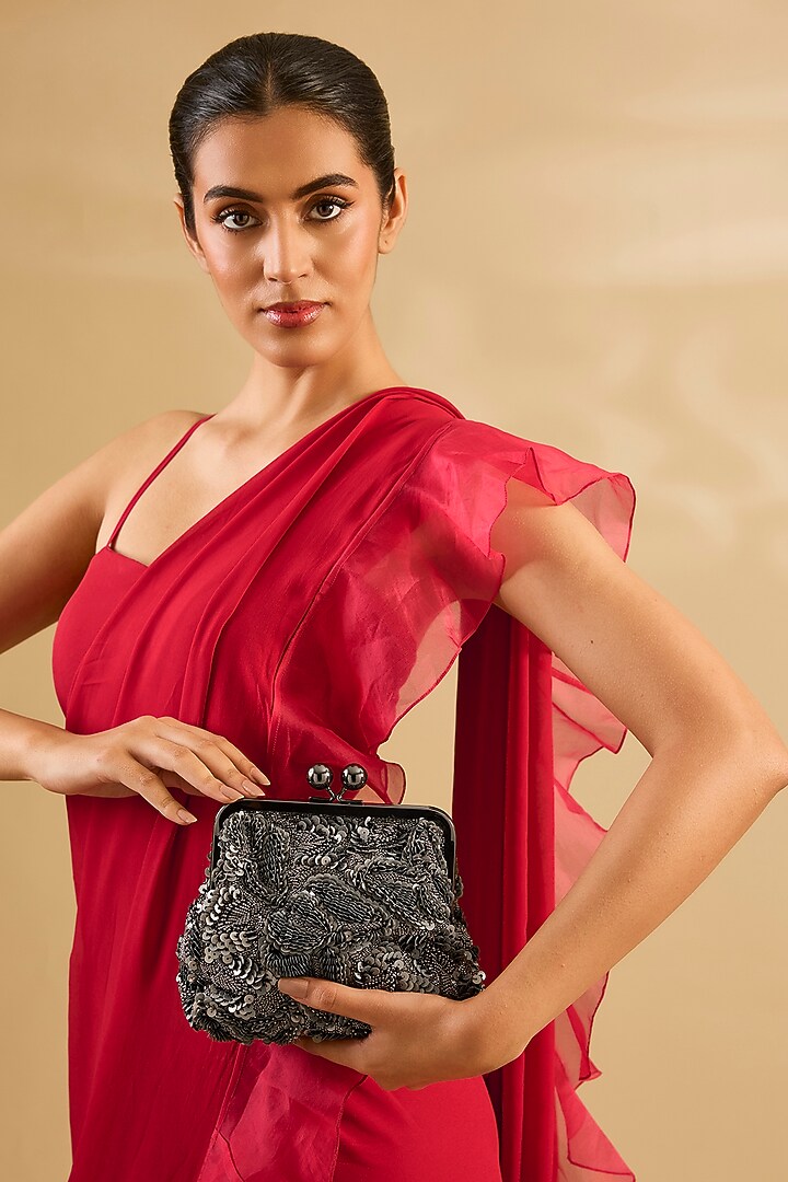 Grey Sequins & Beads Hand Embroidered Clutch by Nupur Kanoi Accessories at Pernia's Pop Up Shop
