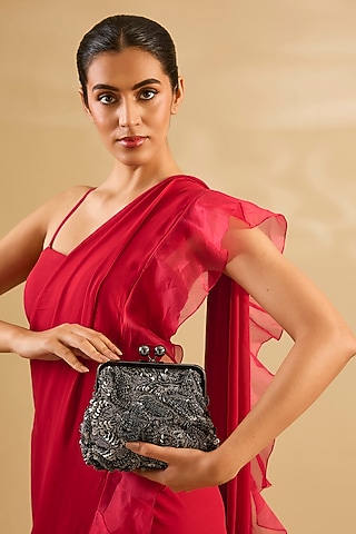 Grey Sequins & Beads Hand Embroidered Clutch by Nupur Kanoi Accessories