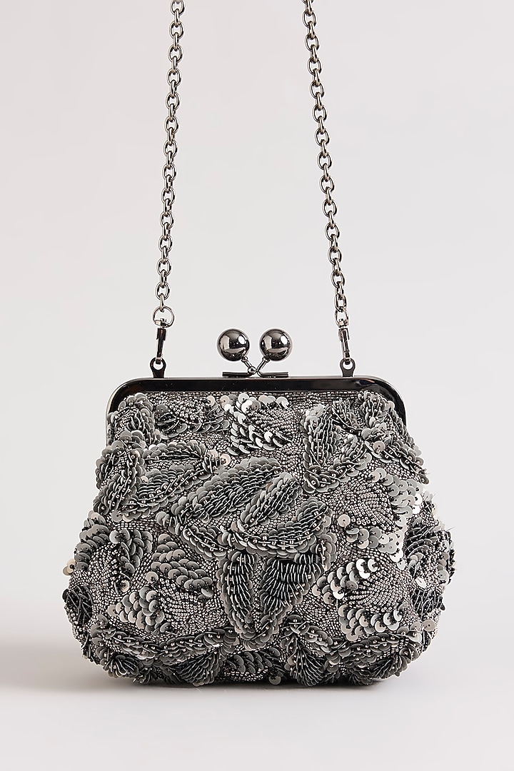 Grey Sequins & Beads Hand Embroidered Clutch by Nupur Kanoi Accessories at Pernia's Pop Up Shop