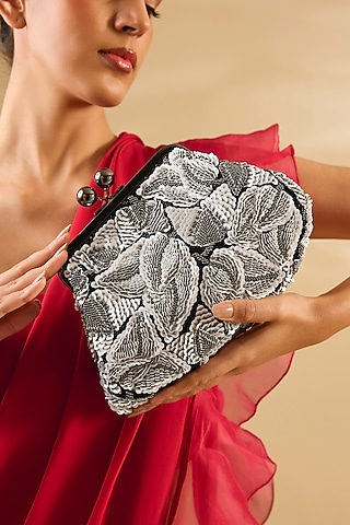 Ivory & Grey Sequins Hand Embroidered Clutch by Nupur Kanoi Accessories