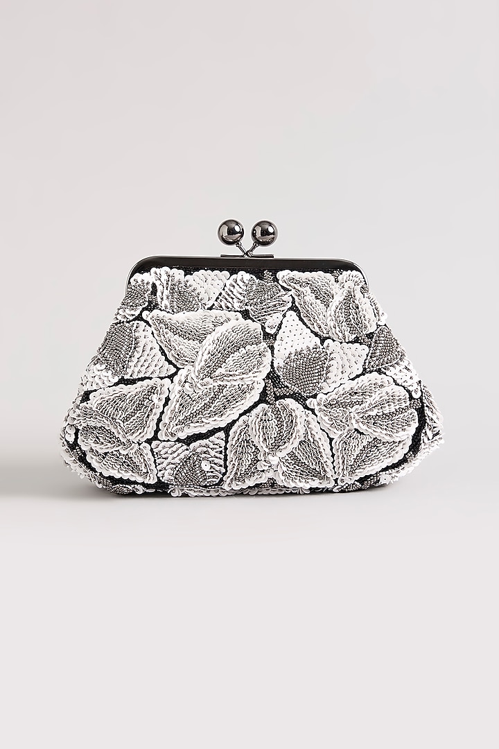 Ivory & Grey Sequins Hand Embroidered Clutch by Nupur Kanoi Accessories at Pernia's Pop Up Shop