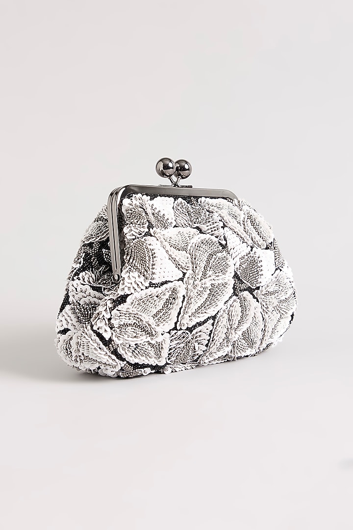 Ivory & Grey Sequins Hand Embroidered Clutch by Nupur Kanoi Accessories at Pernia's Pop Up Shop