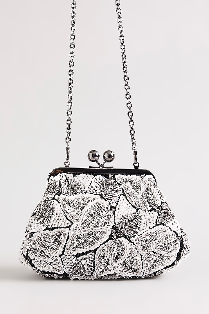 Ivory & Grey Sequins Hand Embroidered Clutch by Nupur Kanoi Accessories at Pernia's Pop Up Shop