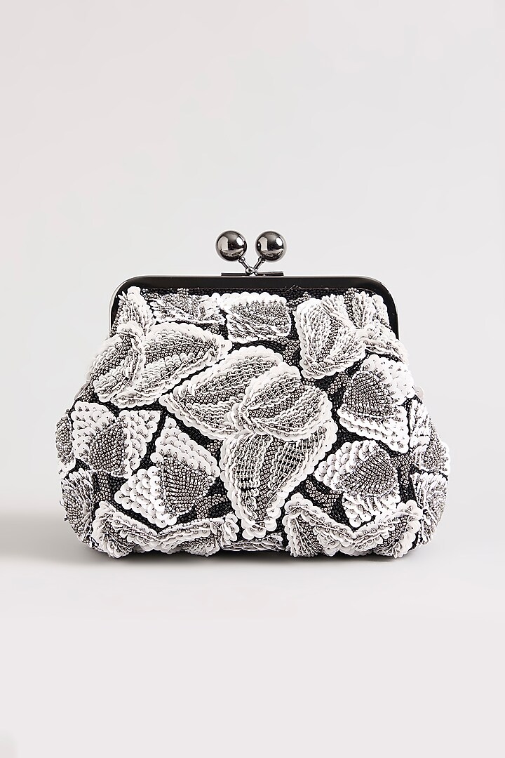 Ivory & Grey Sequins Hand Embroidered Clutch by Nupur Kanoi Accessories at Pernia's Pop Up Shop