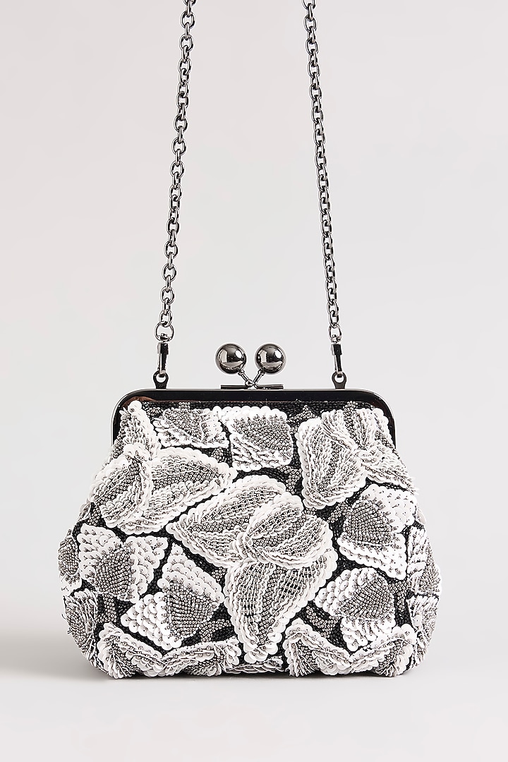 Ivory & Grey Sequins Hand Embroidered Clutch by Nupur Kanoi Accessories at Pernia's Pop Up Shop