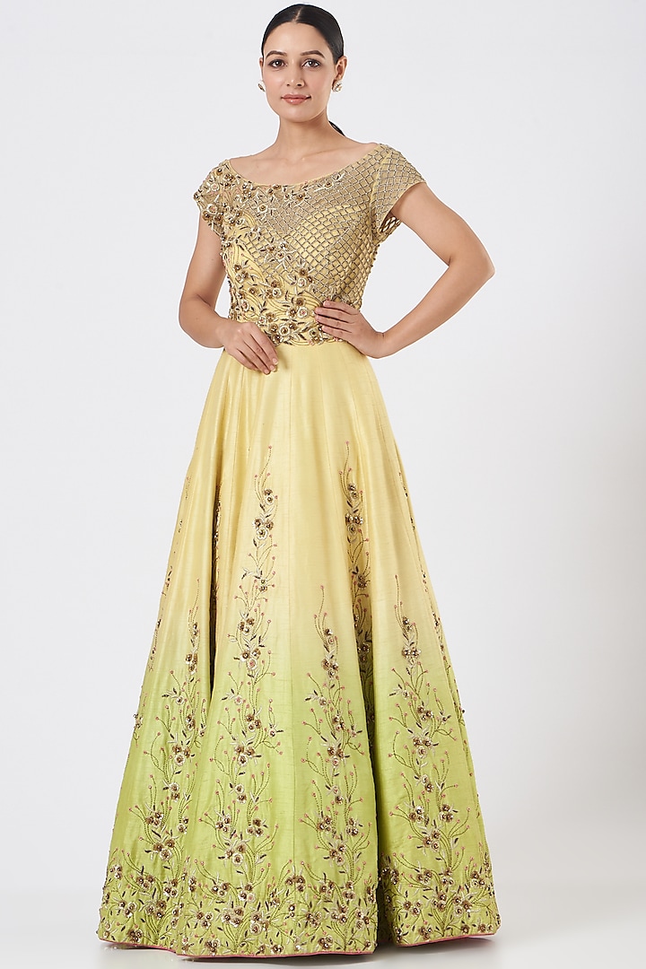 Lime Raw Silk Embroidered Gown by NITIKA GUJRAL