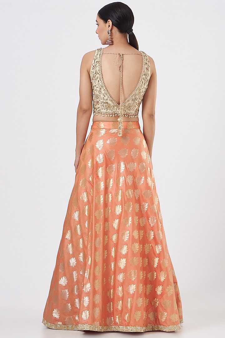 Peach Brocade Embroidered Wedding Lehenga Set by NITIKA GUJRAL at Pernia's Pop Up Shop