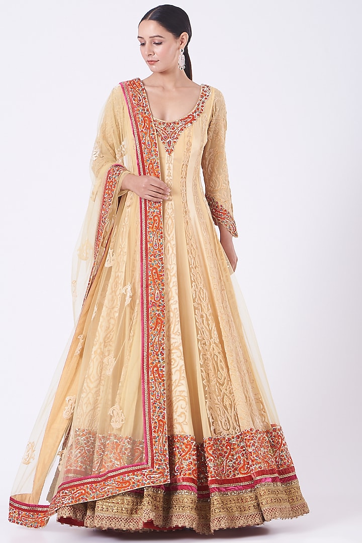 Beige Pure Georgette Embroidered Gown With Dupatta by NITIKA GUJRAL