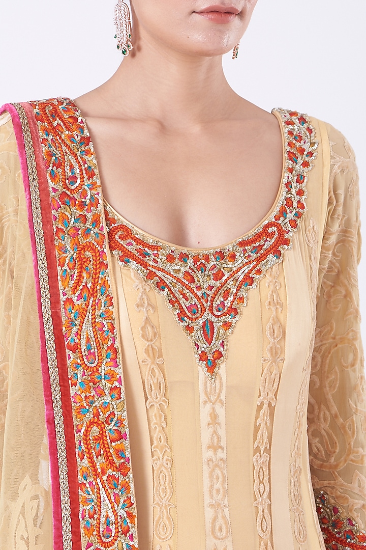 Beige Pure Georgette Embroidered Engagement Gown With Dupatta by NITIKA GUJRAL at Pernia's Pop Up Shop
