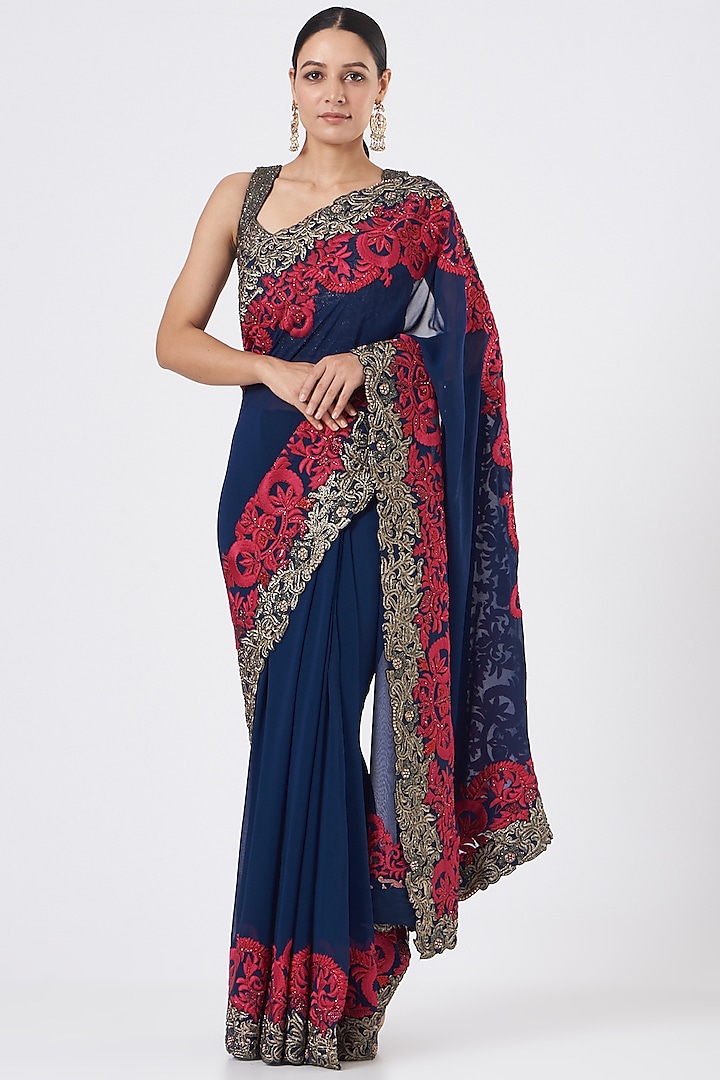 Midnight Blue Georgette Embroidered Saree Set by NITIKA GUJRAL