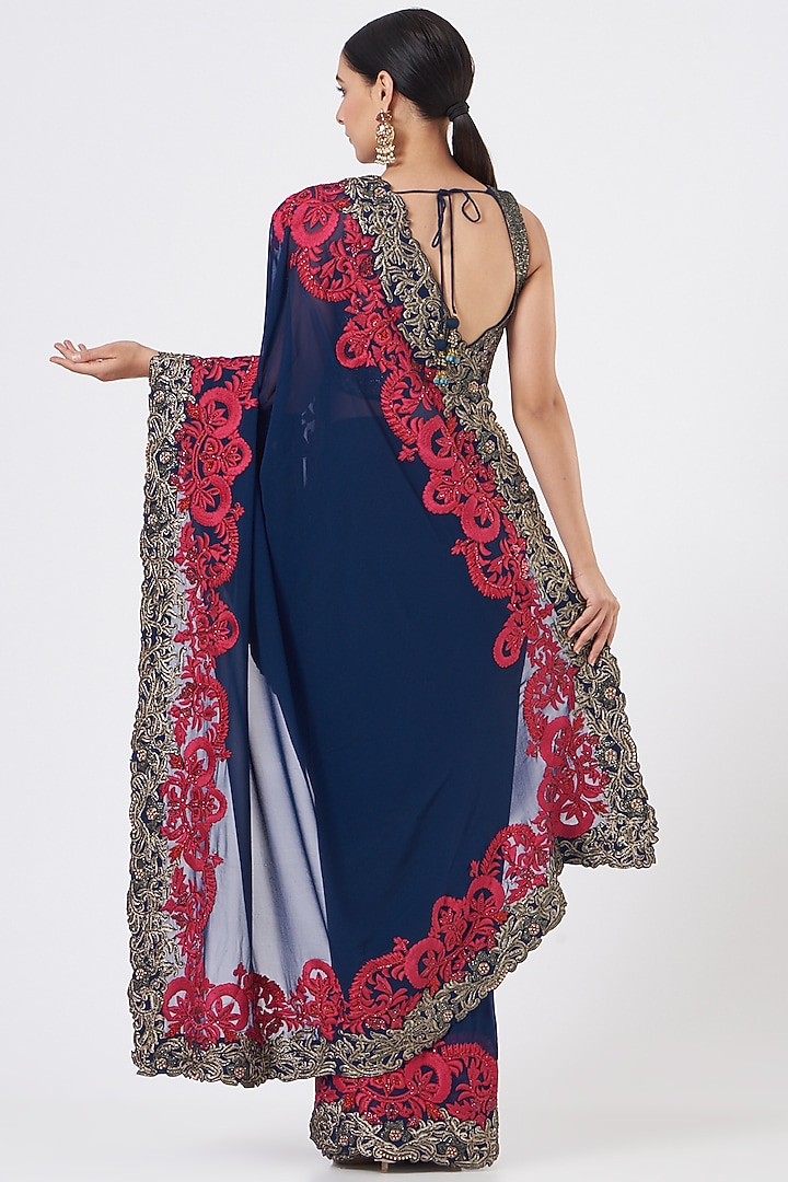 Midnight Blue Georgette Embroidered Party Wear Saree Set by NITIKA GUJRAL at Pernia's Pop Up Shop